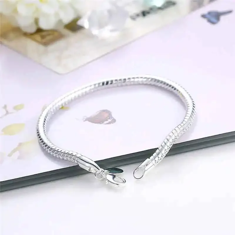 Pulseira Feminina 925 Prata Esterlina Cobra Corrente 3mm – Base para Charme, Casamento, Noivado e Moda Festa