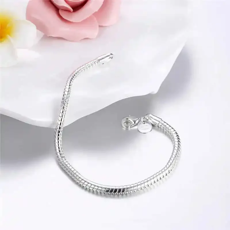 Pulseira Feminina 925 Prata Esterlina Cobra Corrente 3mm – Base para Charme, Casamento, Noivado e Moda Festa