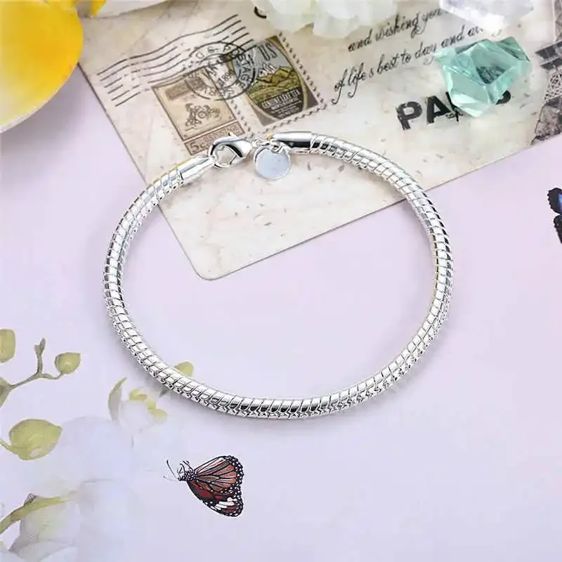 Pulseira Feminina 925 Prata Esterlina Cobra Corrente 3mm – Base para Charme, Casamento, Noivado e Moda Festa